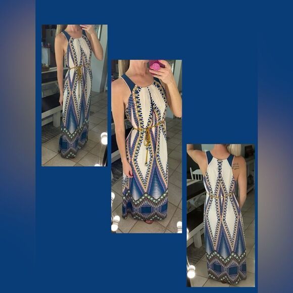 Anthropologie Maeve Pakpao Geometric Print Belted Boho Maxi Dress - Picture 1 of 13